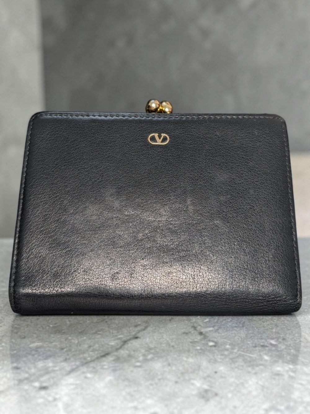 Valentino Black Calf Skin Leather Kiss Lock Compact Wallet